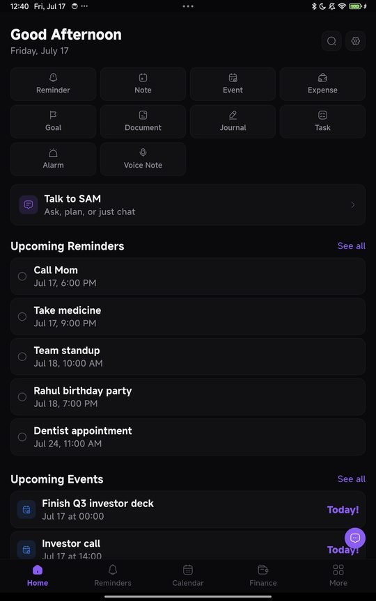 Life OS home screen with reminders and upcoming events
